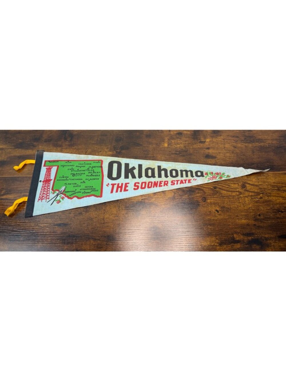 Vintage Oklahoma "The Sooner State" Felt Pennant With Map & State Symbols